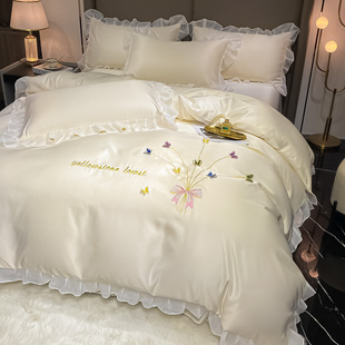 韩式轻奢公主风水洗真丝四件套夏季冰丝床单被套少女花边床上用品