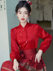 配马面裙的衬衣女新中式，立领酒红色衬衫改良国风汉服长袖上衣秋季