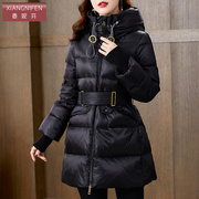 香妮芬品牌时尚洋气收腰系带连帽白鹅绒羽绒服女2022冬季保暖