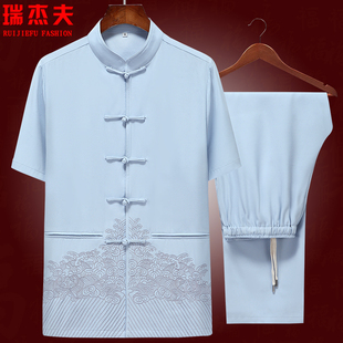 中国风唐装男短袖天丝，套装中老年人刺绣居士，服中式汉服爸爸夏装
