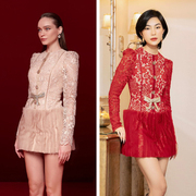 越南小众品牌PESTY 2023年冬季精致镂空蕾丝花圆领连衣裙