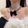欧美风大珍珠丝绒蝴蝶结项链轻奢优雅气质锁骨链个性夸张时尚颈链