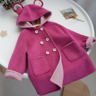草莓熊双面(熊双面)羊毛，大衣儿童可爱卡通连帽毛呢，女童中长款玫红色外套厚