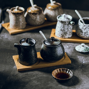 日式陶瓷调味罐三件套装家用带，盖勺子调料罐子盐罐胡椒罐油罐子
