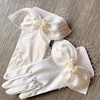 法式新娘结婚手套白色蝴蝶结缎面婚纱礼服短款复古珍珠写真造