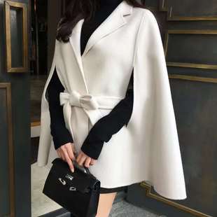 韩国东大门法式高级感小香风系带收腰斗篷毛呢外套女羊绒呢子大衣