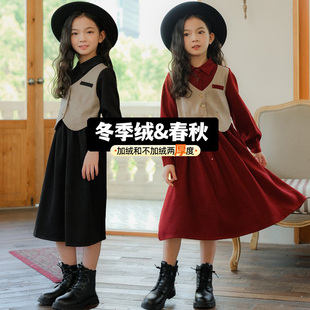 秋季女童法式连衣裙童装，长袖茶歇尔秋冬裙子，中大儿童加绒加厚长袖