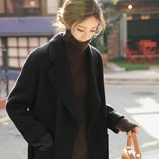 黑色秋冬加厚呢子大衣女2022韩版系带纯色长袖中长款毛呢外套