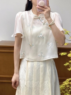 新中式国风盘扣复古雪纺衬衫，女2024年夏季刺绣，泡泡袖小衫上衣