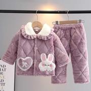 冬季儿童睡衣法兰绒加厚夹棉套装女童宝宝长毛绒小白兔保暖家居服