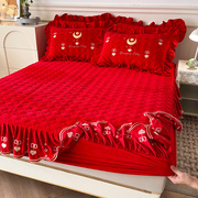 大红枕套加厚夹棉枕头套婚房冬季床笠加绒床裙席梦思床垫防滑床罩