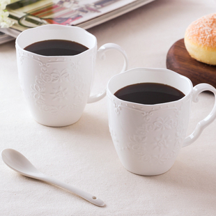 景德镇纯白色家用骨瓷浮雕创意马克杯早餐杯子茶杯陶瓷水杯咖啡杯