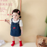 女童连衣裙套装夏款韩版婴幼儿童花边领短袖上衣樱桃背带裙两件套