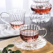 英式复古条纹玻璃杯碟家用下午茶，高脚杯子套装咖啡杯花茶杯饮料杯