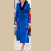 2024凯特王妃青果领包布单排扣修身显瘦过膝长款风衣外套蓝色