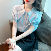 KATTERLLG蓝色衬衫女2023夏装蕾丝娃娃领洋气衬衣设计感小众