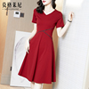 名媛红色连衣裙2024女夏季法式复古v领短袖，收腰显瘦气质高端