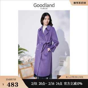 goodland美地女装冬季收腰双面，纯绵羊毛呢子，紫色大衣外套配腰带