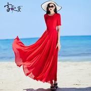 红色雪纺连衣裙女长款到脚踝夏季收腰显瘦大摆裙，气质圆领超长裙子