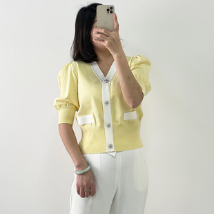 短袖针织衫女设计感小众2022夏款短款薄款慵懒风黄色开衫外套