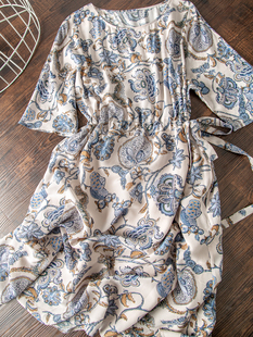 复古蓝色青花瓷印花100%真丝裙子女夏季 抽绳收腰圆领短袖连衣裙