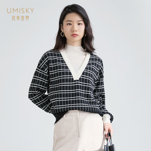  umisky优美世界冬季羊毛衫格子拼接宽松针织上衣SG4W1042