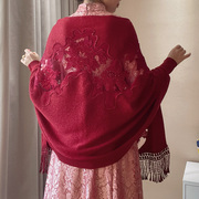旗袍披肩婚礼喜妈妈中国风刺绣牡丹外搭外套秋冬红色流苏针织带袖
