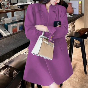 2024春季大码女装紫色西装外套，韩版胖mm宽松高级感中长款西服
