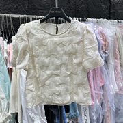 韩系简约时尚白色雪纺宽松短袖圆领娃娃衫云朵肌理感泡泡袖衬衫