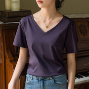 丝光棉V领t恤女2024夏季纯棉正肩短袖高端气质紫色高级感上衣