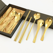 金色304不锈钢筷子勺子套装带礼盒三件套韩式餐具成人儿童汤匙