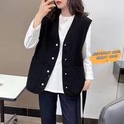 黑色纯色v领牛仔马甲女秋季韩版常规版棉质，单排扣背心坎肩外套潮