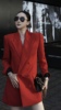 红色高级感V领垫肩双排扣修身中长款西装外套显瘦连衣裙秋冬