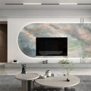 瓷砖背景墙大型山水风景画迎客松，简约中式客厅岩板悬空电视背景墙