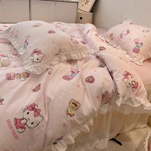 少女kt凯蒂猫卡通花边全棉水洗，棉四件套纯棉床裙公主被套床上用品