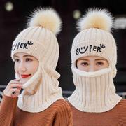 毛线帽子女冬季加绒加厚保暖冬季骑车防寒护耳，围脖一体针织帽冬天