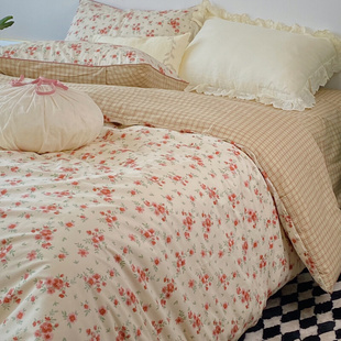 白色莫奈40支纯棉四件套，床单被套ab版全棉田园植物花卉床上用品