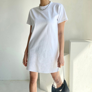 短袖t恤裙女夏季韩版大码中长款纯棉纯白色宽松打底显瘦连衣裙子