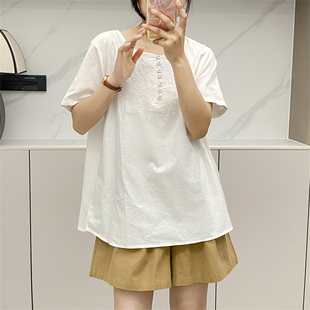 惠衣阁夏女短袖棉麻衬衫中长款衬衫，韩版宽松复古刺绣衬衫亚麻上衣