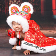 红色个月婴儿宝宝斗篷，纯手工老虎帽子毛线，中性兔毛虎头帽披风