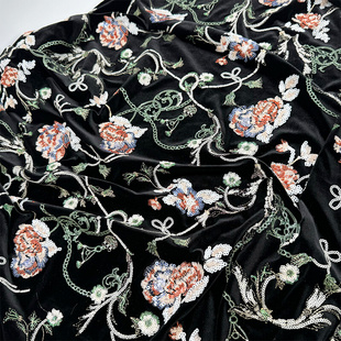 新中式国风旗袍裙料服装面料，加厚黑色韩国绒布料，重工刺绣亮片布头