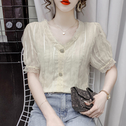 雪纺衫女短袖2024夏季韩版宽松V领洋气小衫白色短款蕾丝上衣