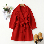 2021腰带双面羊毛大衣，女童高端红色中长款气质，毛呢灯笼袖外套