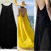 波西米亚黄色黑色沙滩裙海边度假超仙仙女飘逸显宽松吊带连衣裙