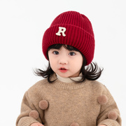 儿童帽子秋冬款女童时尚洋气，冬季针织毛线帽红色宝宝护耳男童套头