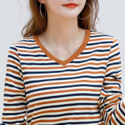 V领条纹纯棉长袖t恤女大码修身加厚保暖老人秋衣中老年妈妈打底衫