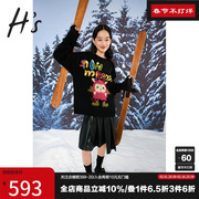 hs奥莱2022冬季商场同款小雪，怪黑色圆领卡通针织套头衫，毛衣女(毛衣女)