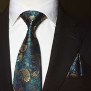ptahatum宴会领带真丝领带男宝石蓝花纹正装，商务结婚领带套装