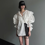 韩国女装2024早春甜美荷叶镂空花边灯笼袖气质宽松长袖衬衫