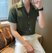 品味男士夏季原宿风古巴领休闲衬衫复古扣式褶皱纹绿色短袖潮衬衣